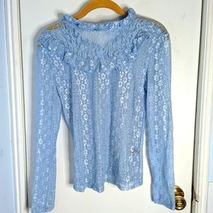 Ruffle trim sheer lace blouse, baby blue, size medium.
